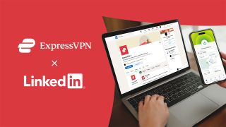 White ExpressVPN and LinkedIn logos on a red background. There is a smartphone with ExpressVPN's app open and a laptop displaying ExpressVPN's LinkedIn page