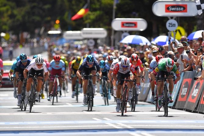 Elia Viviani (Deceuninck-QuickStep) and Lotto Soudal's Caleb Ewan go head-to-head for the win at the 2019 Cadel Evans Great Ocean Road Race, with Viviani coming out on top