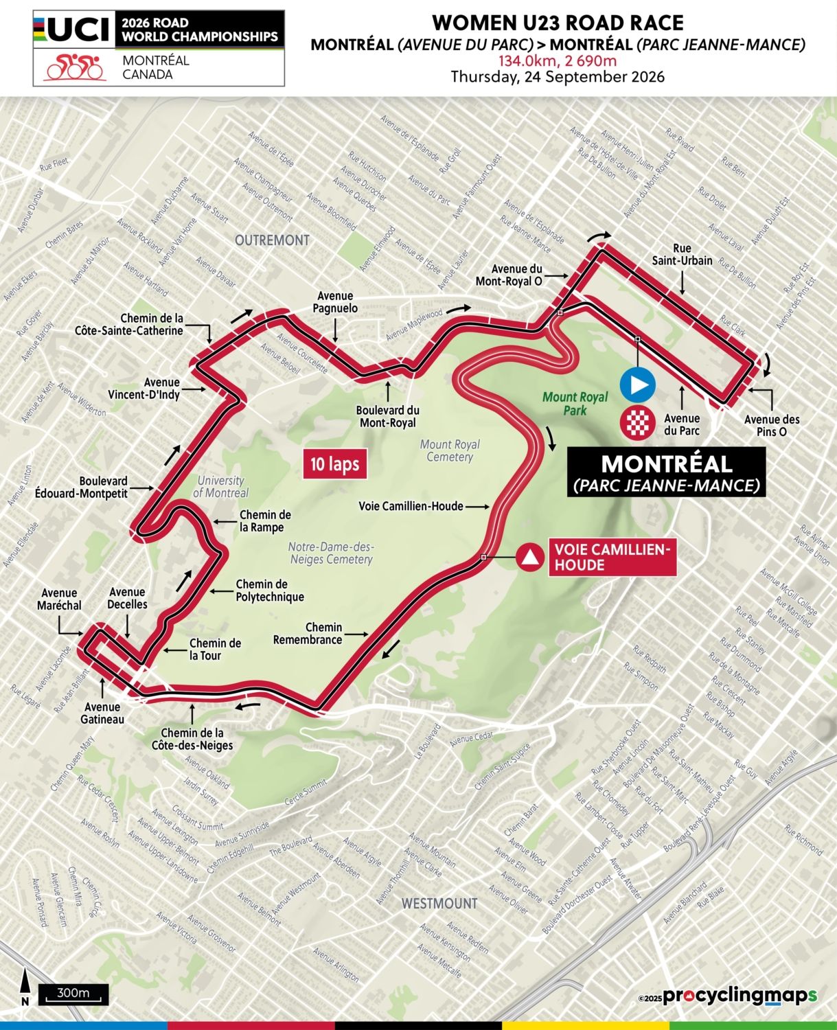 Route for the women's under-23 road race at the Road World Championships 2026