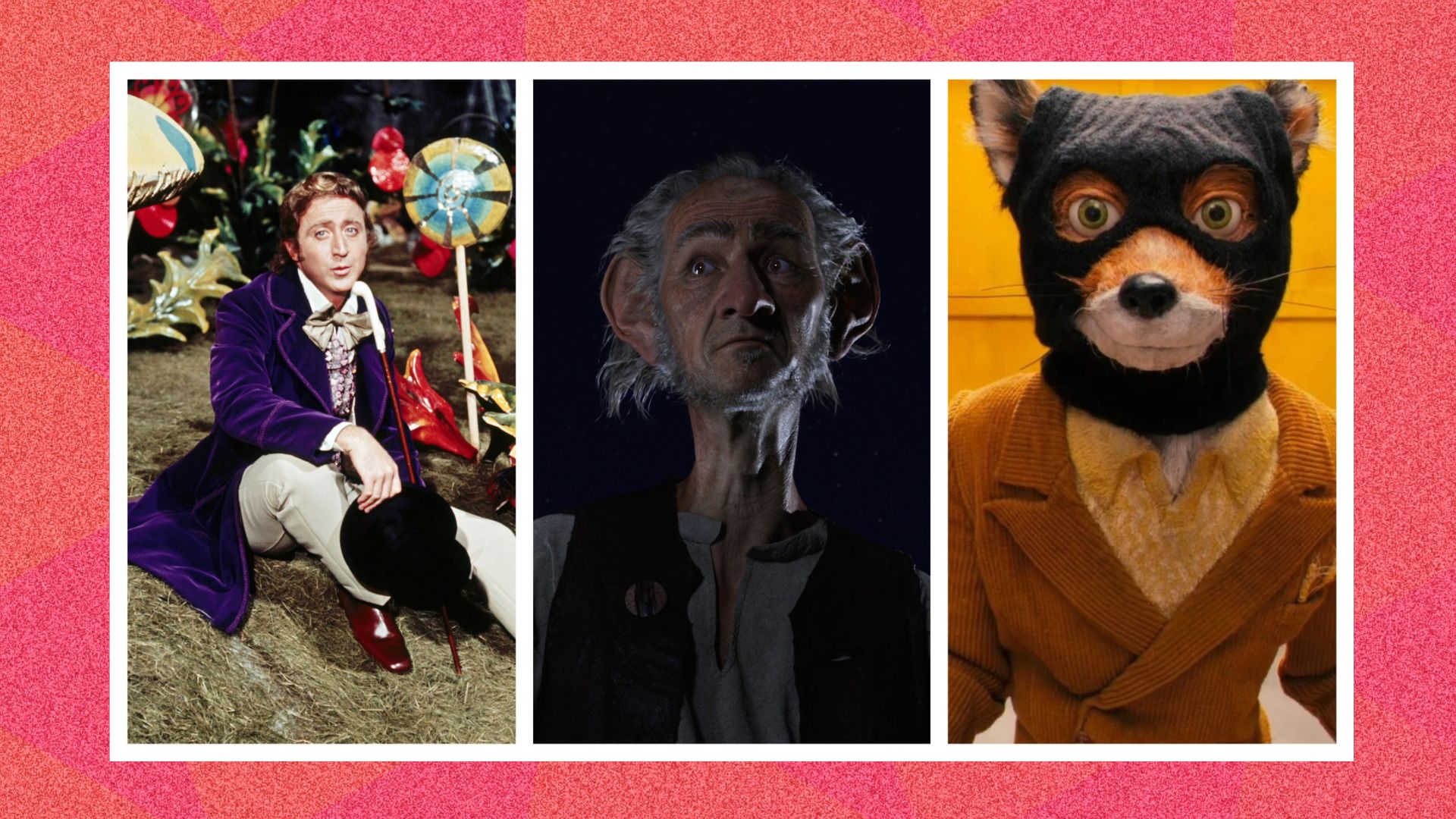 Three images sliced together of Charlie and the Chocolate Factory, BFG and the Fantastic Mr. Fox 