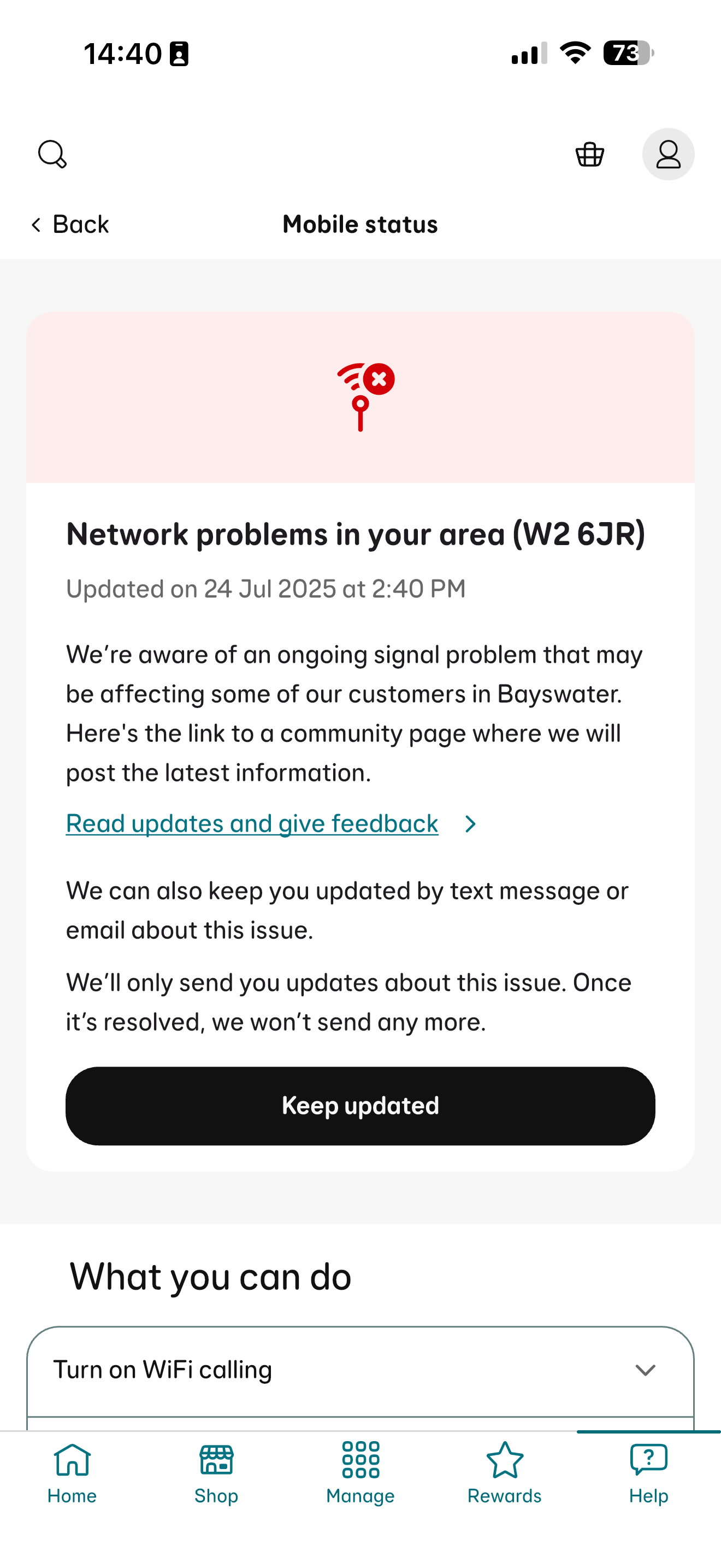 A screenshot of the EE app confirming problems in the area of the Tom's Guide London office