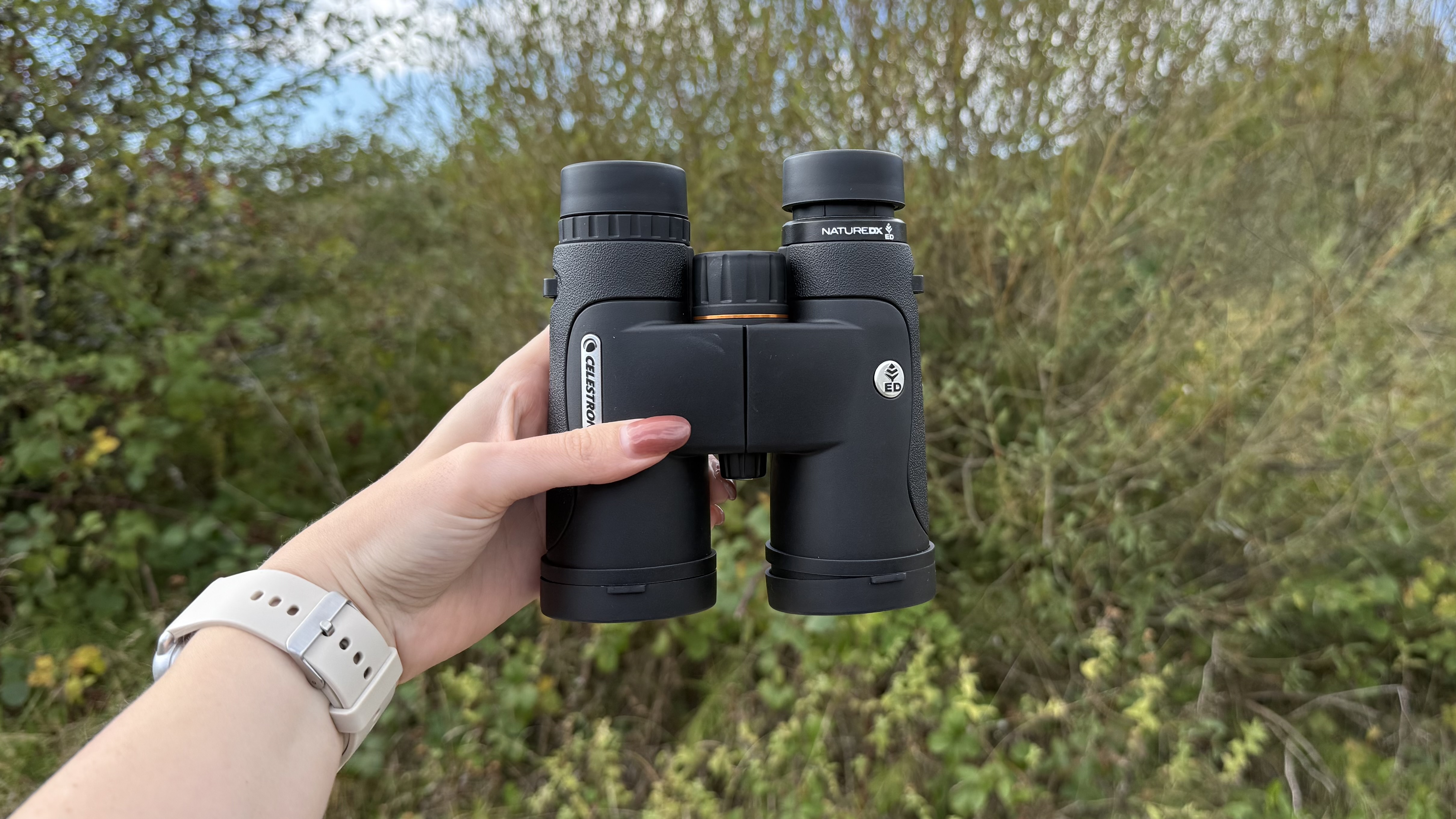 Celestron Nature DX ED 10x42 binoculars in the hand