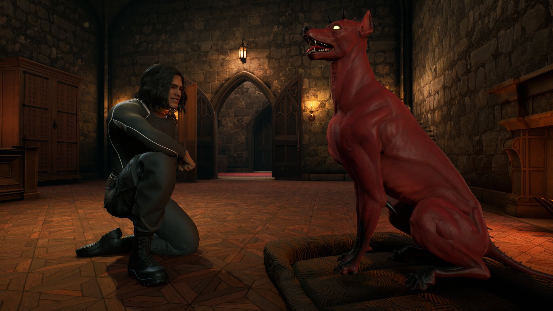 Petting the demon dog in Midnight Suns