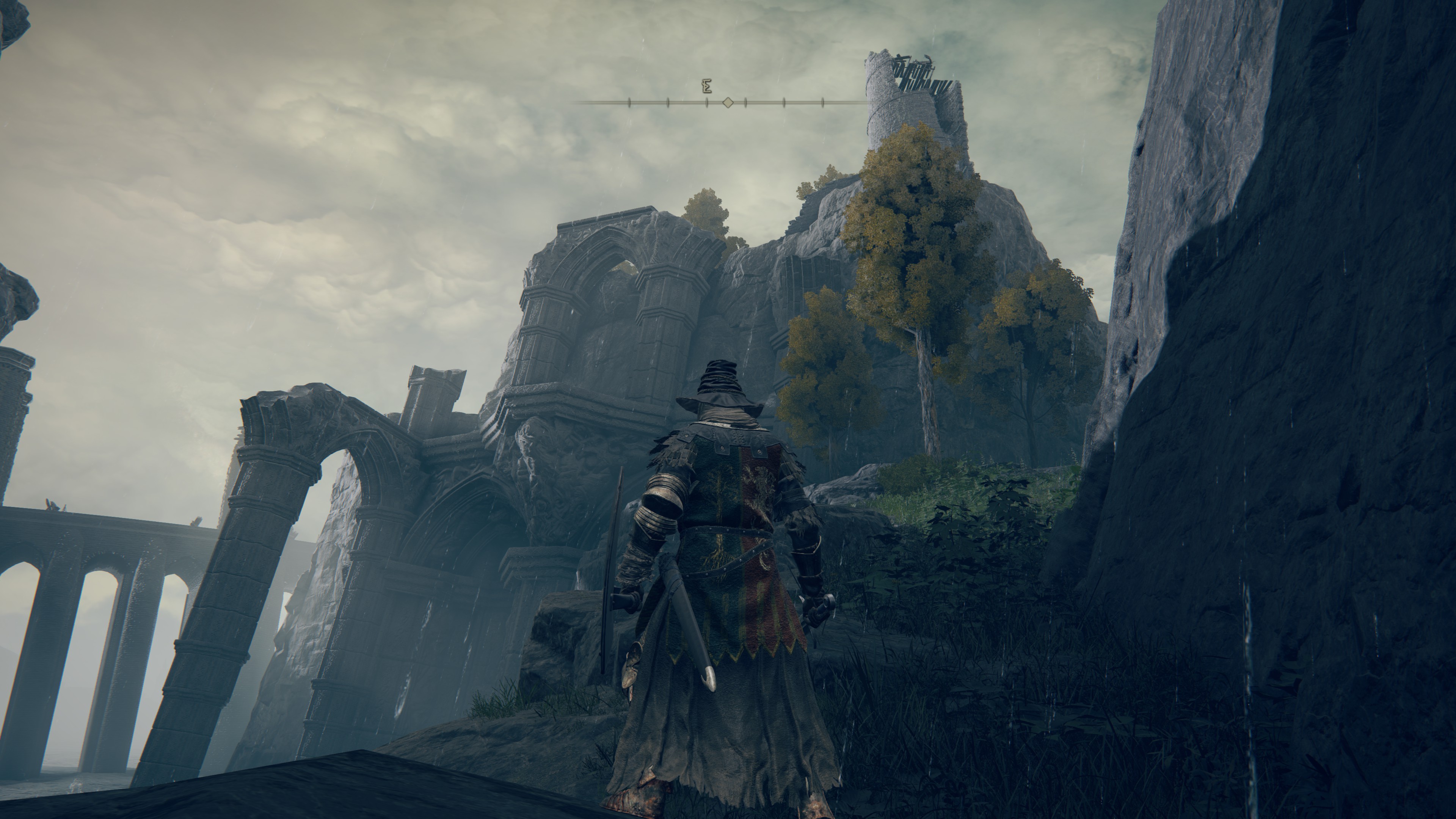 Screenshot of Elden Ring with the player character standing near the ruins