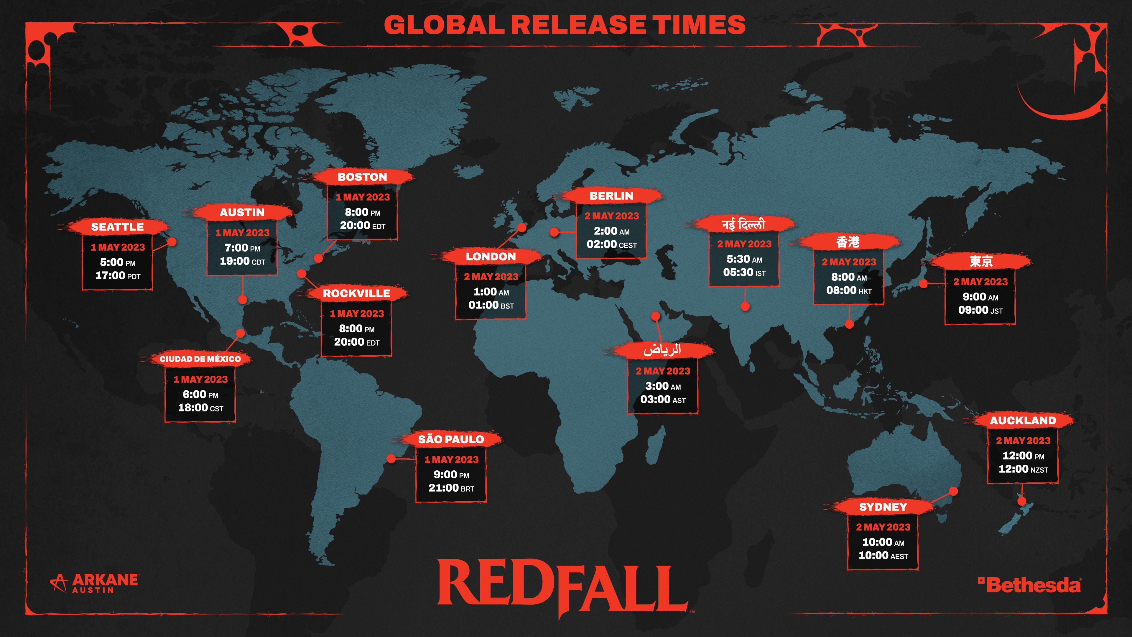 Global map of Redfall's unlock times, transcribed in text below.