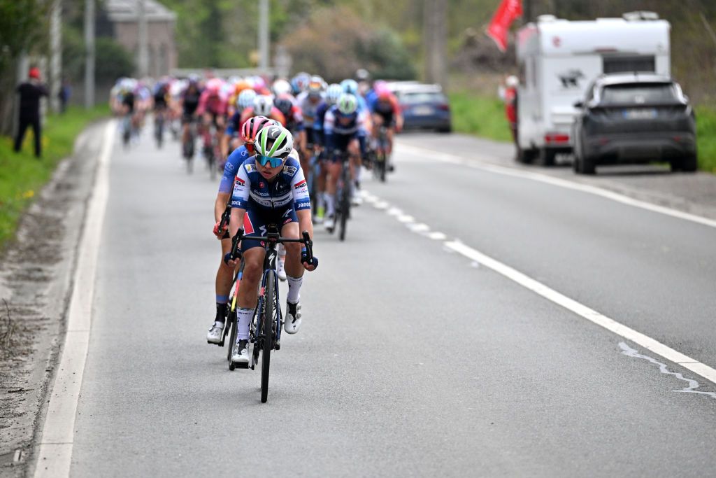 HUY BELGIUM APRIL 19 Justine Ghekiere of Belgium and AG Insurance Soudal QuickStep Team leads the peloton during the 26th La Fleche Wallonne Feminine 2023 a 1273km one day race from Huy to Mur de Huy UCIWWT on April 19 2023 in Huy Belgium Photo by David StockmanGetty Images