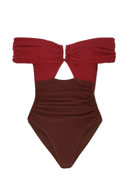 Self-Portrait Off-the-Shoulder Two-Tone Ribbed Swimsuit