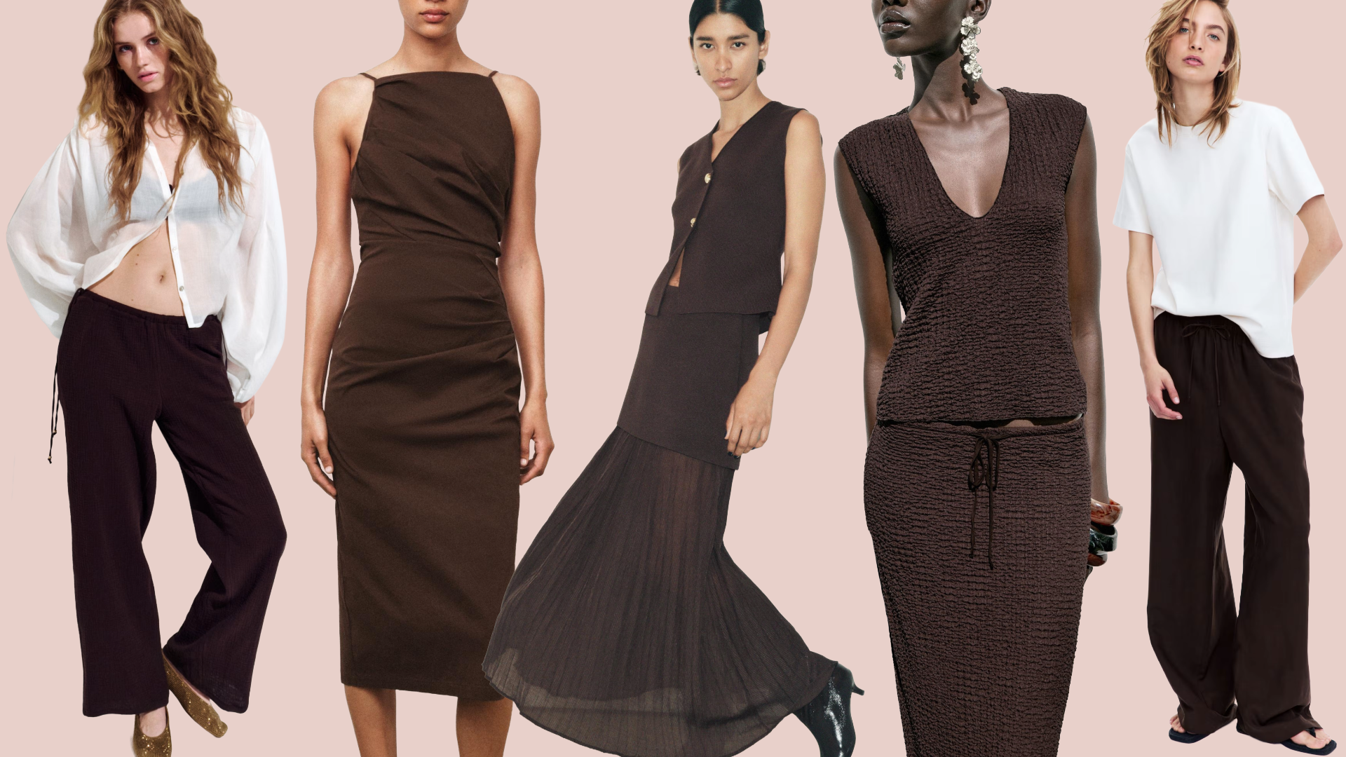 split image of zara and H&M models wearing chocolate brown clothing on light brown background