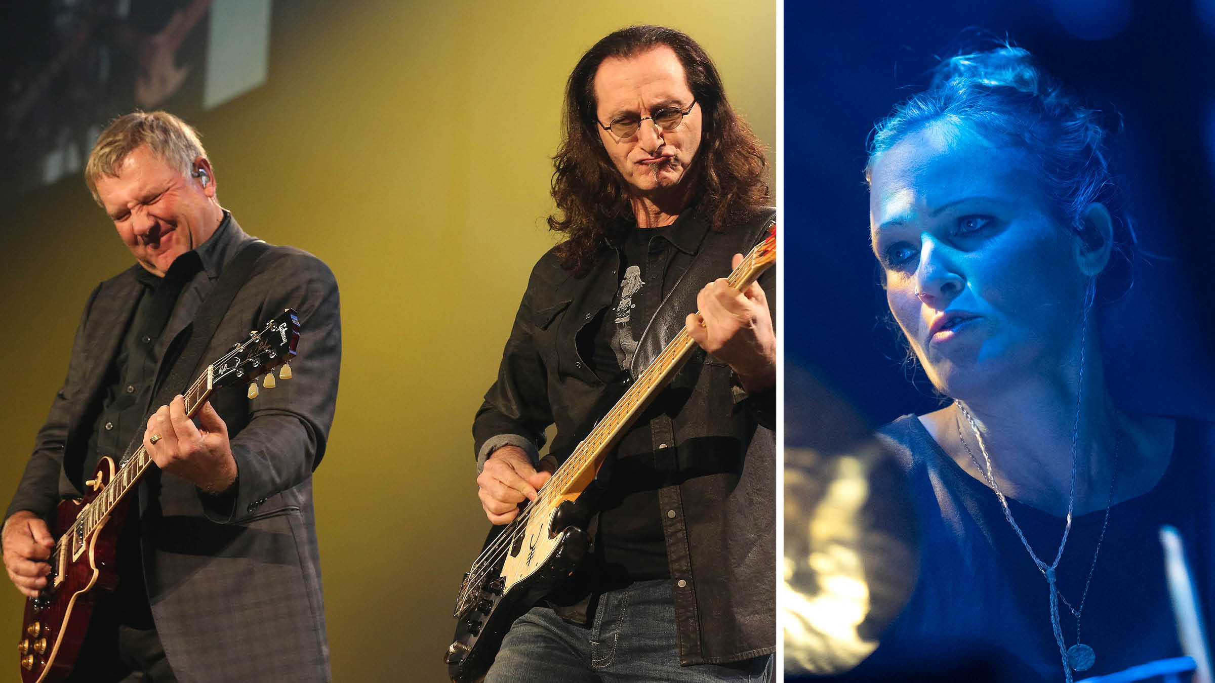 Rush's Alex Lifeson and Geddy Lee perform in 2015; on the right, Anika Nilles, the drummer who will be playing drums for the band's reunion tour.