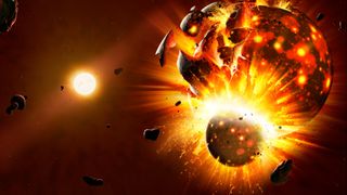 a spherical body crashes into a larger one in space, creating a massive explosion of fire and chunks of planet