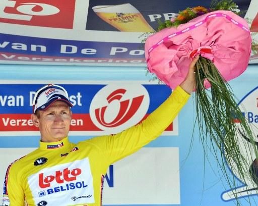 Tour of Belgium leader Andre Greipel (Lotto Belisol) on the podium.