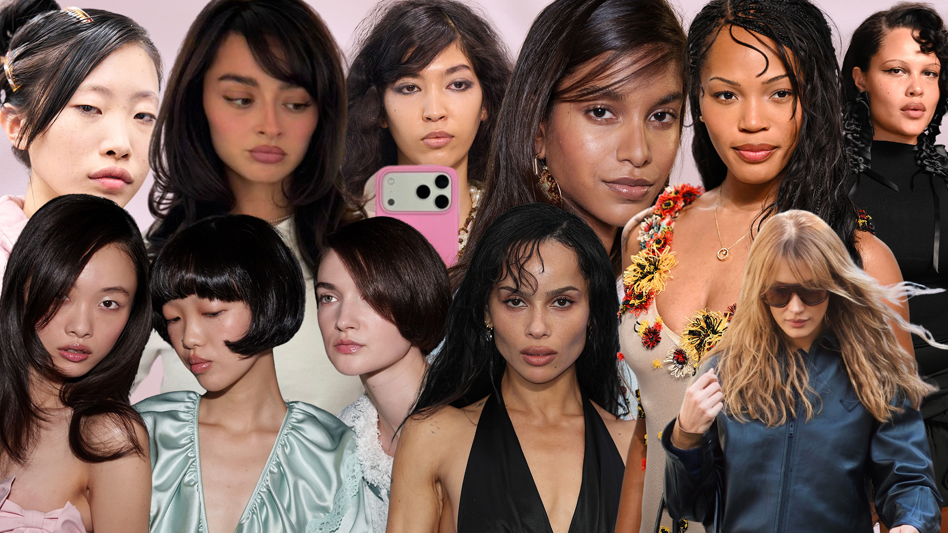 Photo collage of celebrities and models with side bangs 