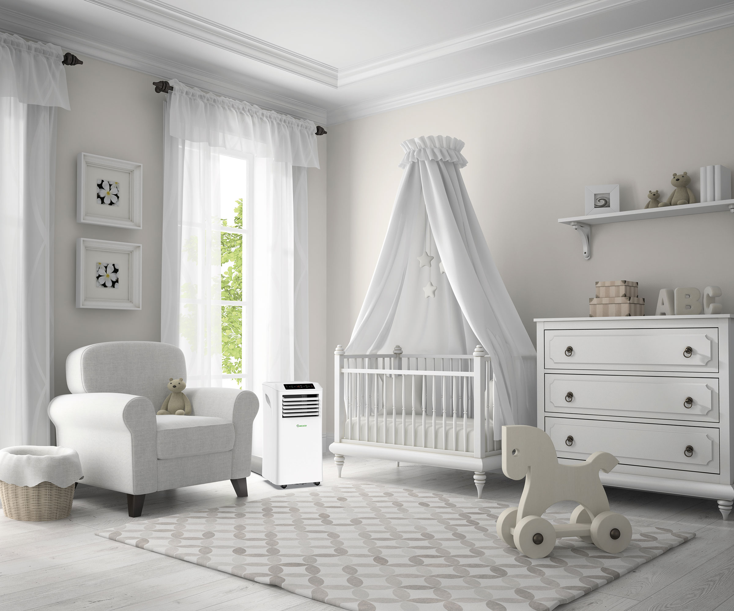 white nursery with portable air conditioning