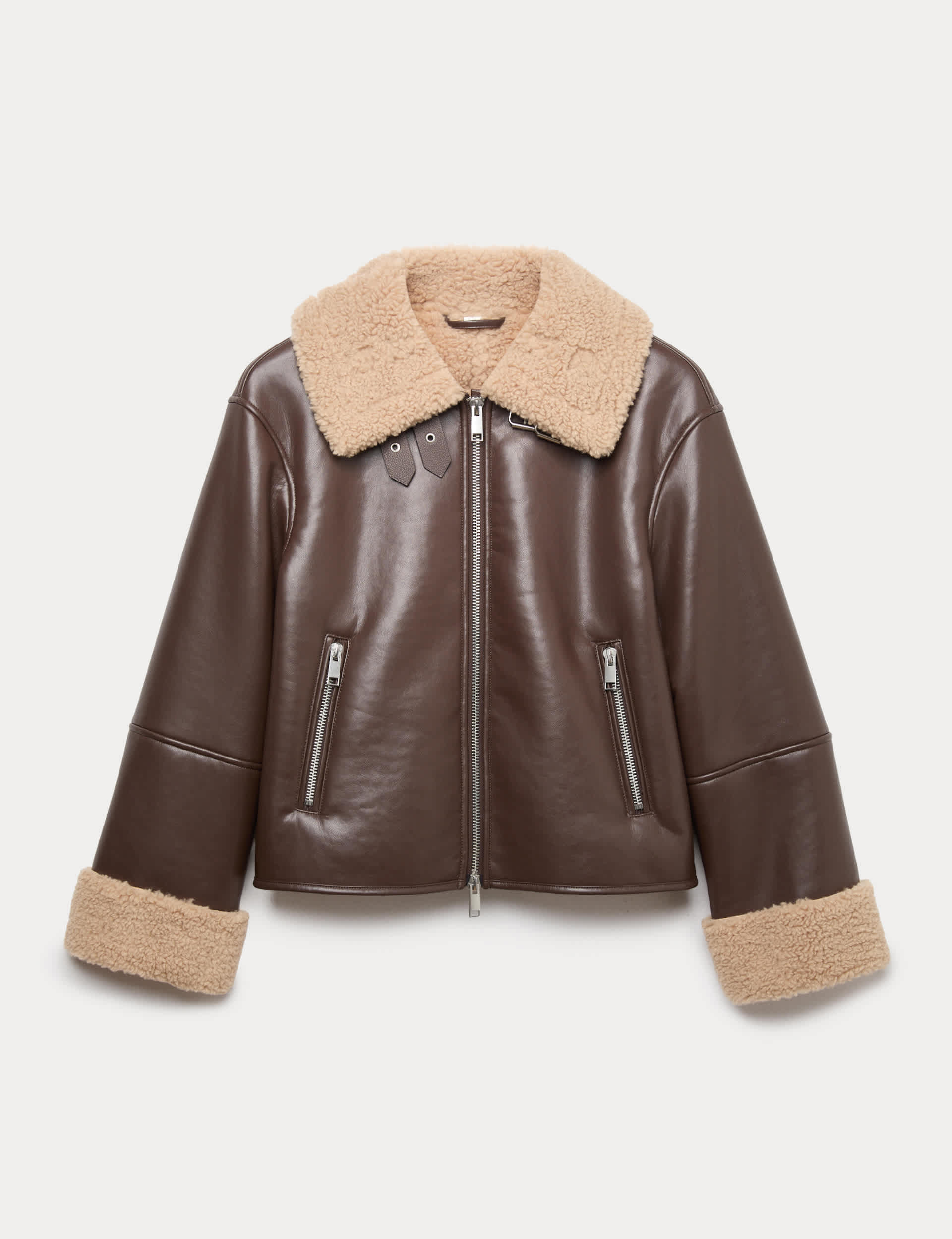 Faux Shearling Buckle Detail Aviator Jacket
