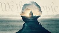 A composite silhouette of a historic figure overlaid with a view of the U.S. Capitol building at sunrise, set against a backdrop of cursive script reading "We the People."