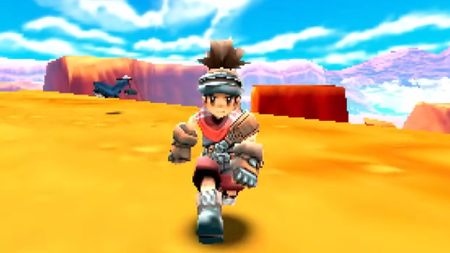 An N64 game featuring an anime-style character on top of a mesa with a massive world in the background