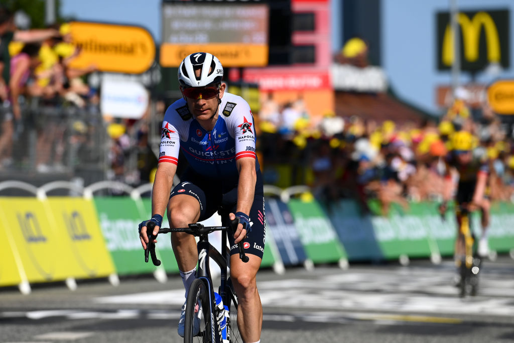 NYBORG DENMARK JULY 02 Michael Morkov of Denmark and QuickStep Alpha Vinyl Team crosses the finish line during the 109th Tour de France 2022 Stage 2 a 2022km stage from Roskilde to Nyborg TDF2022 WorldTour on July 02 2022 in Nyborg Denmark Photo by Tim de WaeleGetty Images