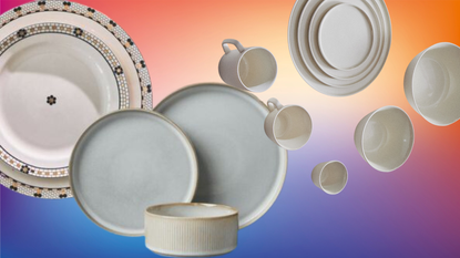 a collection of dinnerware sets on a colorful background