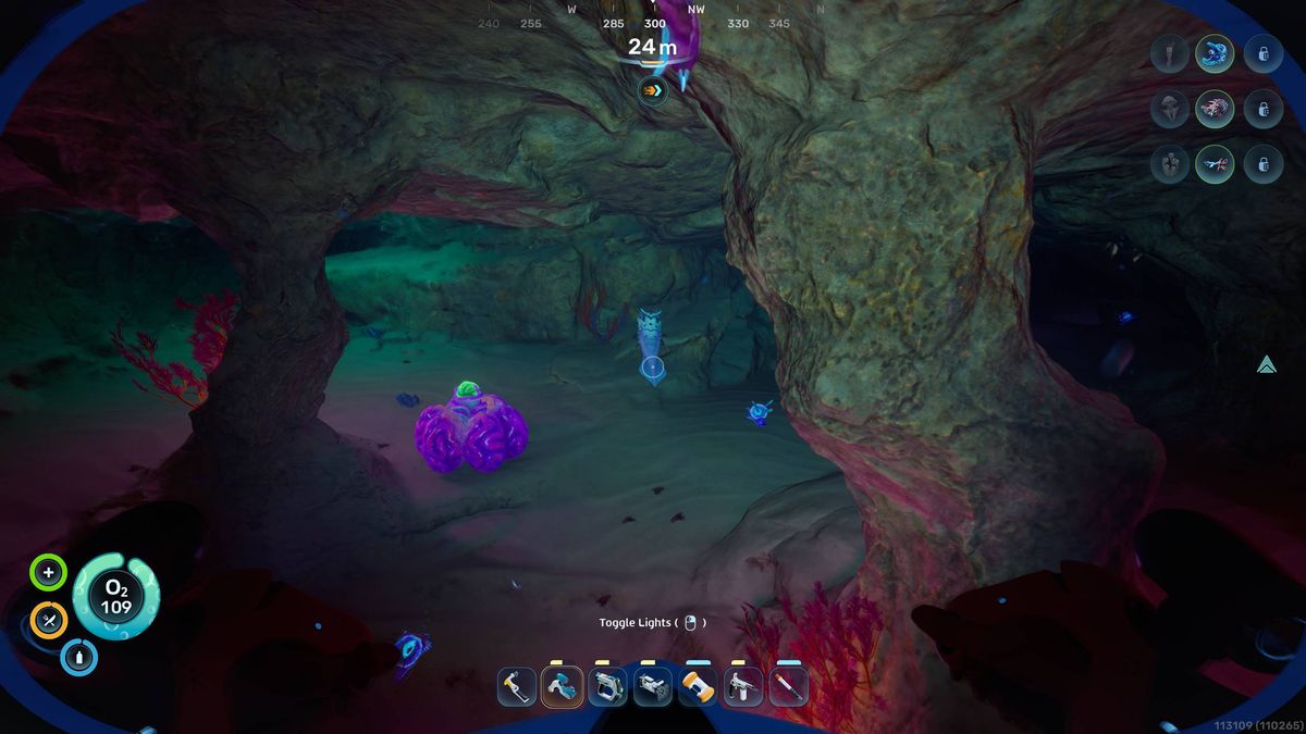Subnautica 2 Biomods: A player looking at a Sandspear swimming in a cave.