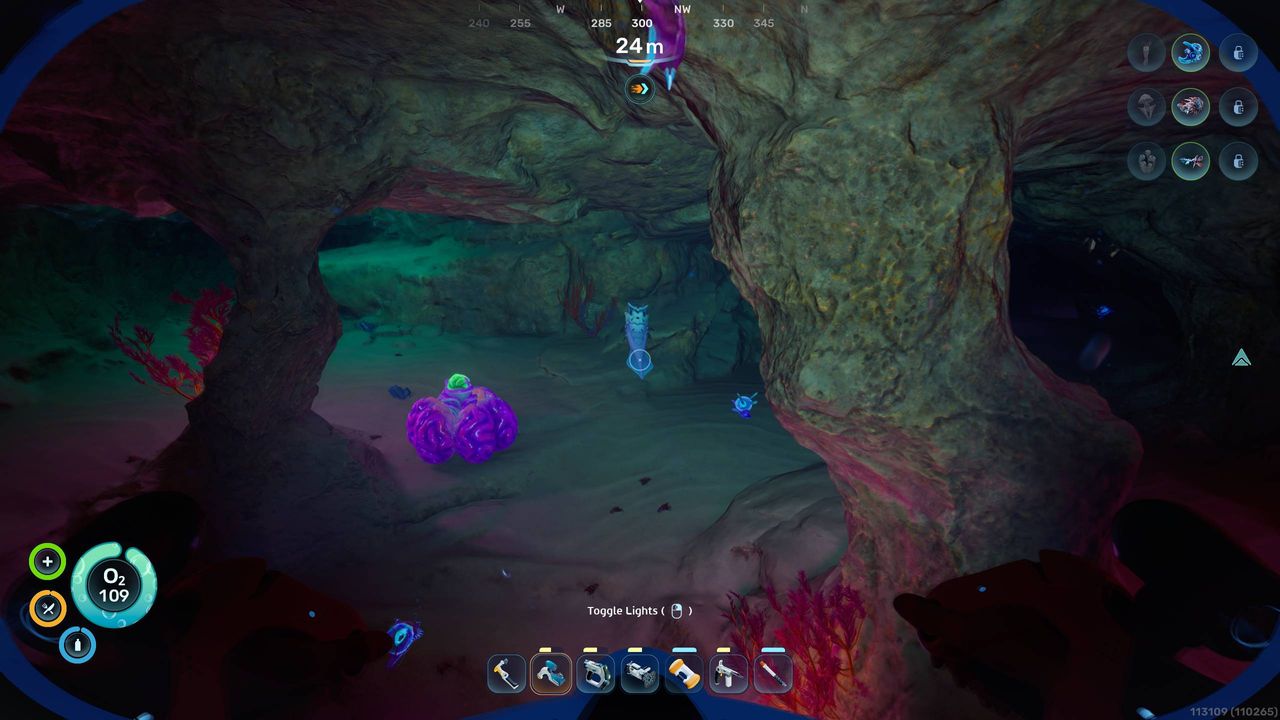 Subnautica 2 Biomods: A player looking at a Sandspear swimming in a cave.