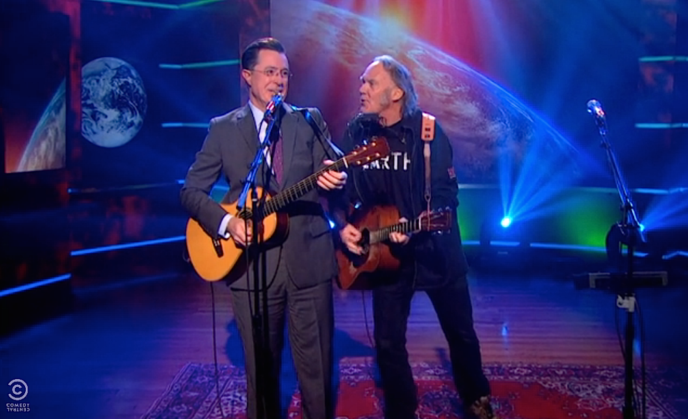 Watch Neil Young and Stephen Colbert&amp;#039;s amusing point-counterpoint duet about saving the Earth