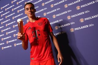 Jamal Musiala of FC Bayern München poses during the FC Bayern München and Paulaner Photo Session at Paulaner am Nockherberg on August 28, 2024 in Munich, Germany.