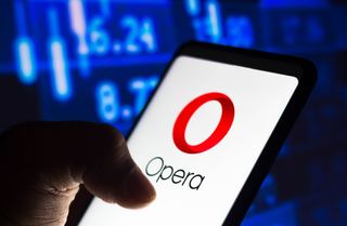 Image of Opera logo on a phone display against a blue background