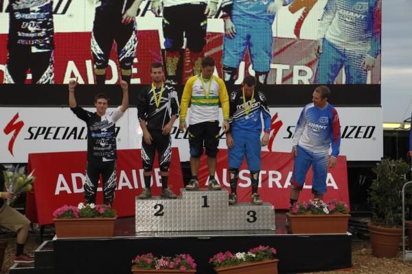 The Elite men's downhill podium.