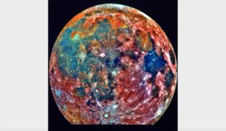This false-color photograph is a composite of 15 images of the moon taken through three color filters by NASA’s Galileo Jupiter probe during the spacecraft's passage through the Earth-moon system on Dec. 8, 1992. Areas appearing red generally correspond to the lunar highlands, while blue to orange shades indicate the ancient volcanic lava flow of a mare, or lunar sea. Bluer mare areas contain more titanium than do the orange regions.