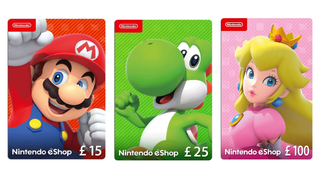 Nintendo gift cards showing Mario, Yoshi and Princess Peach