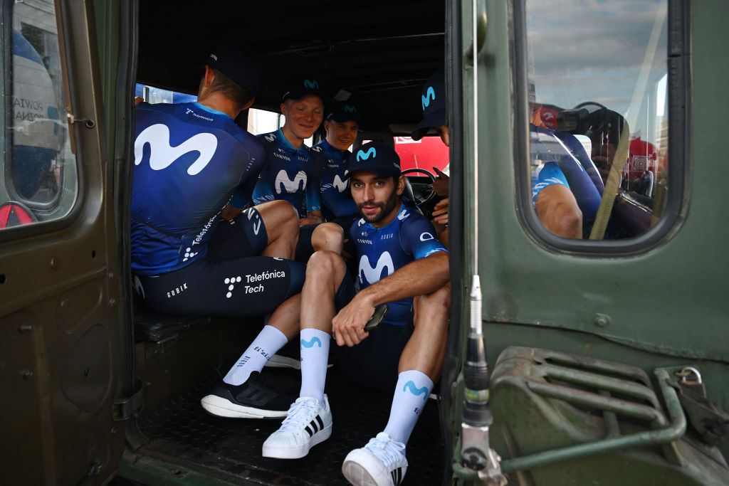 Fernando Gaviria waits with his Movistar team for the start of Tour de Pologne