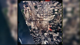 Aerial photograph of the World Trade Center, taken by National Oceanic and Atmospheric Administration on September 23, 2001, from an altitude of 3,300 feet, showing the devastation and the ongoing recovery effort.
