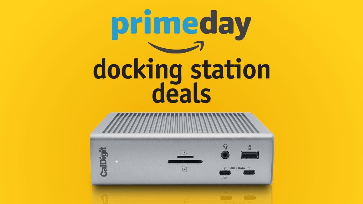 Image showing Amazon Prime Day with words docking stations deals below. An image of the CalDigit TS4 docking station is at the bottom of the image, all on a yellow gradient background