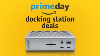 Amazon Prime Day Docking Stations deal image with CalDigit TS4 docking station on a yellow gradient background