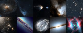 This image shows the top ten images entered into the Hubble's Hidden Treasures basic competition: Top row: NGC 6300 by Brian Campbell, V* PV Cephei by Alexey Romashin, IRAS 14568-6304 by Luca Limatola, NGC 1579 by Kathlyn Smith, B 1608+656 by Adam Kill. Bottom row: NGC 4490 by Kathy van Pelt, NGC 6153 by Ralf Schoofs, NGC 6153 by Matej Novak, NGC 7814 by Gavrila Alexandru, NGC 7026 by Linda Morgan-O’Connor.