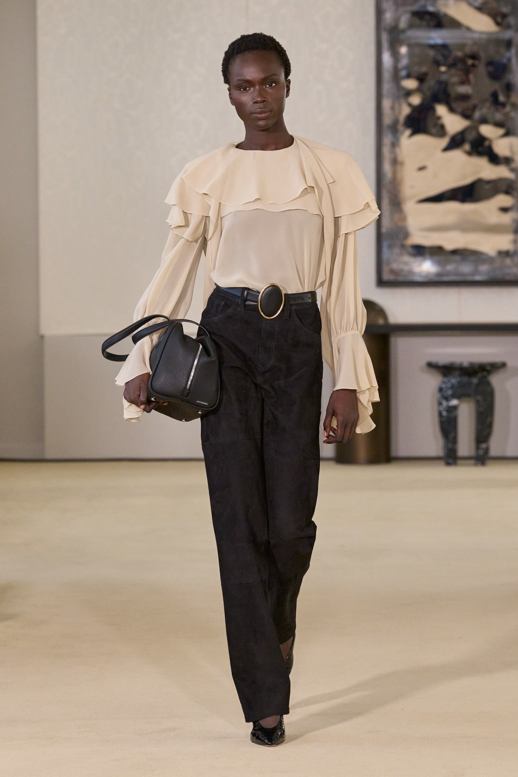 Altuzarra ruffled blouse and suede pants look