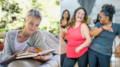 L-R: A woman writing in a diary, two friends at an exercise class