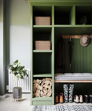 mudroom with wood panelling and cubbie storage