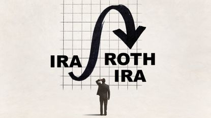 Illustration of a man considering a move from an IRA to a Roth IRA