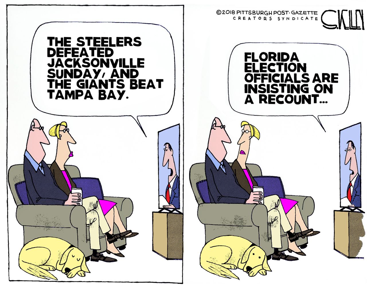 Editorial cartoon U.S. NFL Pittsburgh Steelers Jacksonville Jaguars NY Giants Tampa Bay Buccaneers Florida recount