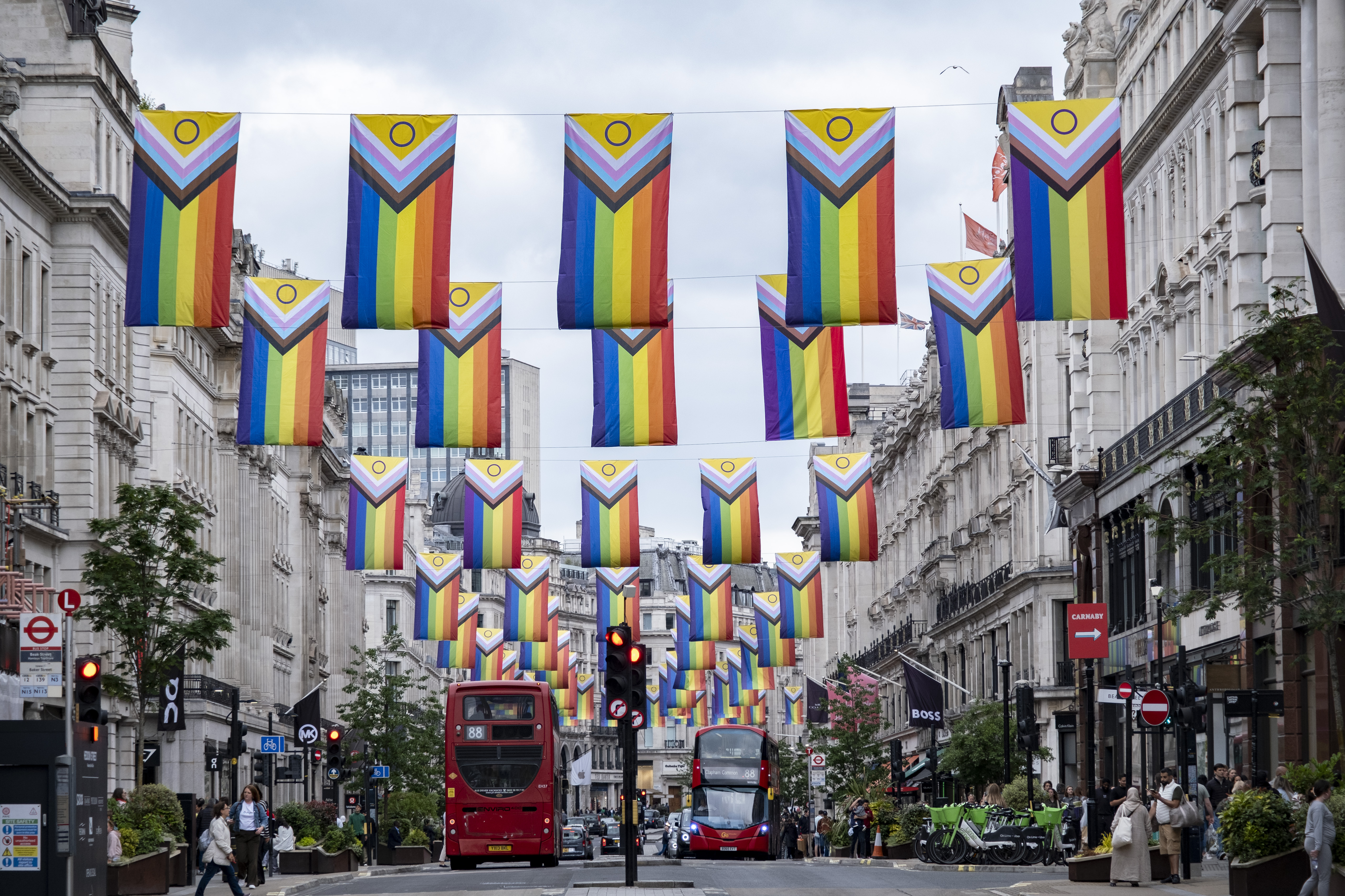 Pride flags strewn across London's Regents Street