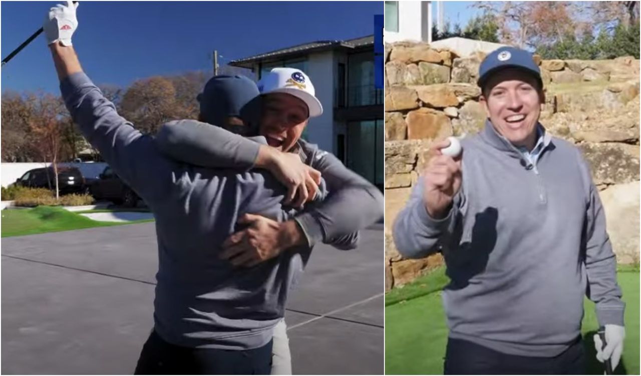 Bryson DeChambeau with a fan making a hole-in-one over his house