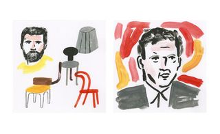 caricature of Martino Gamper with his reconfigured chairs & Tom Dixon