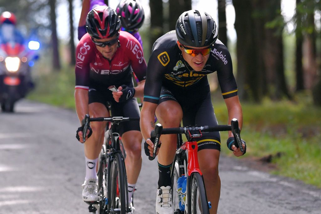 VISE BELGIUM AUGUST 18 Andreas Goeman of Belgium and Team Telenet Lions Michal Golas of Poland and Team INEOS Carlos Canal Blanco of Spain and Team Burgos BH Breakaway during the 41st Tour de Wallonie 2020 Stage 3 a 192km stage from Montzen to Vise TourdeWallonie TRW2020 on August 18 2020 in Vise Belgium Photo by Luc ClaessenGetty Images