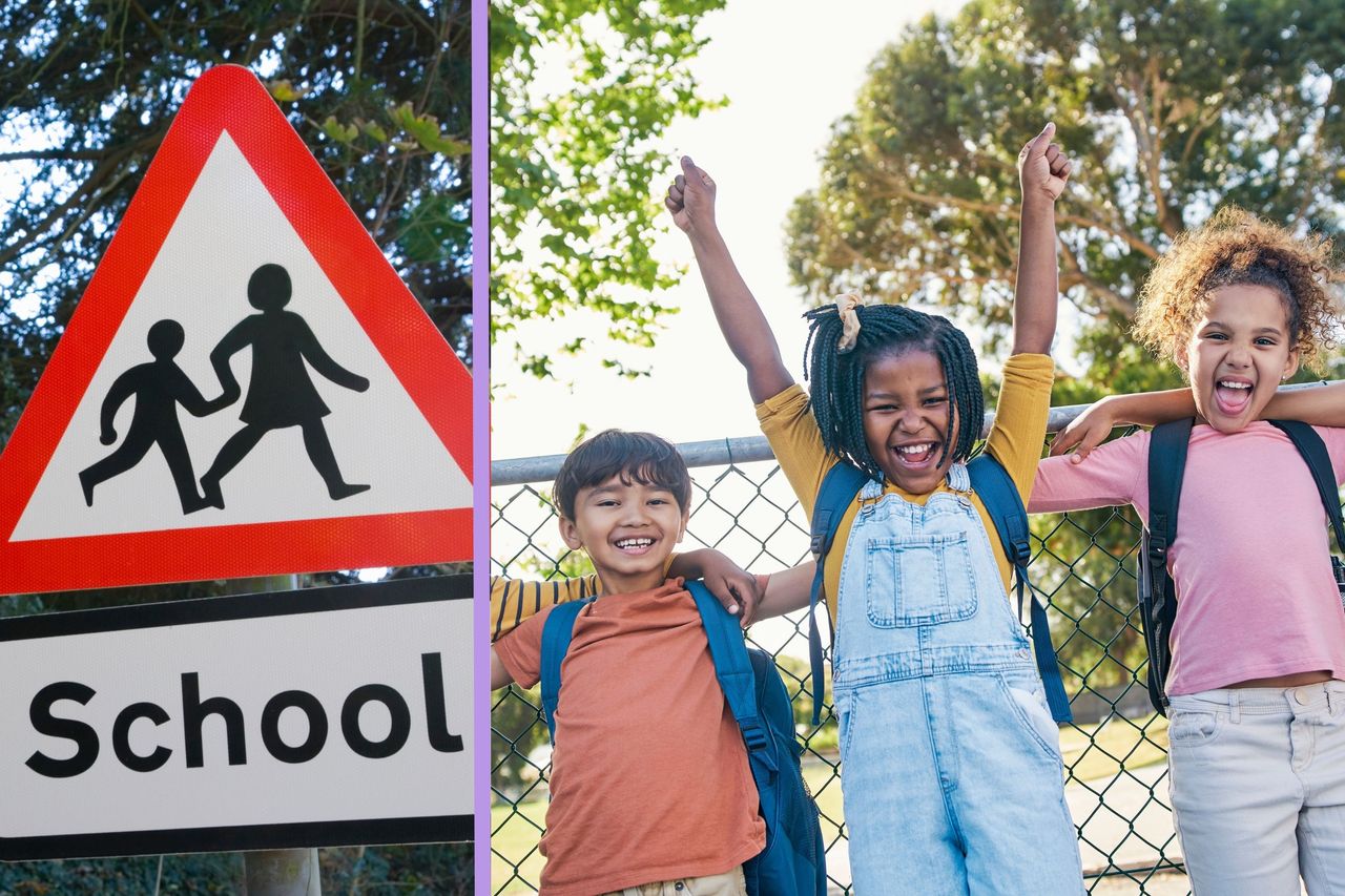 School sign split layout with kids happy