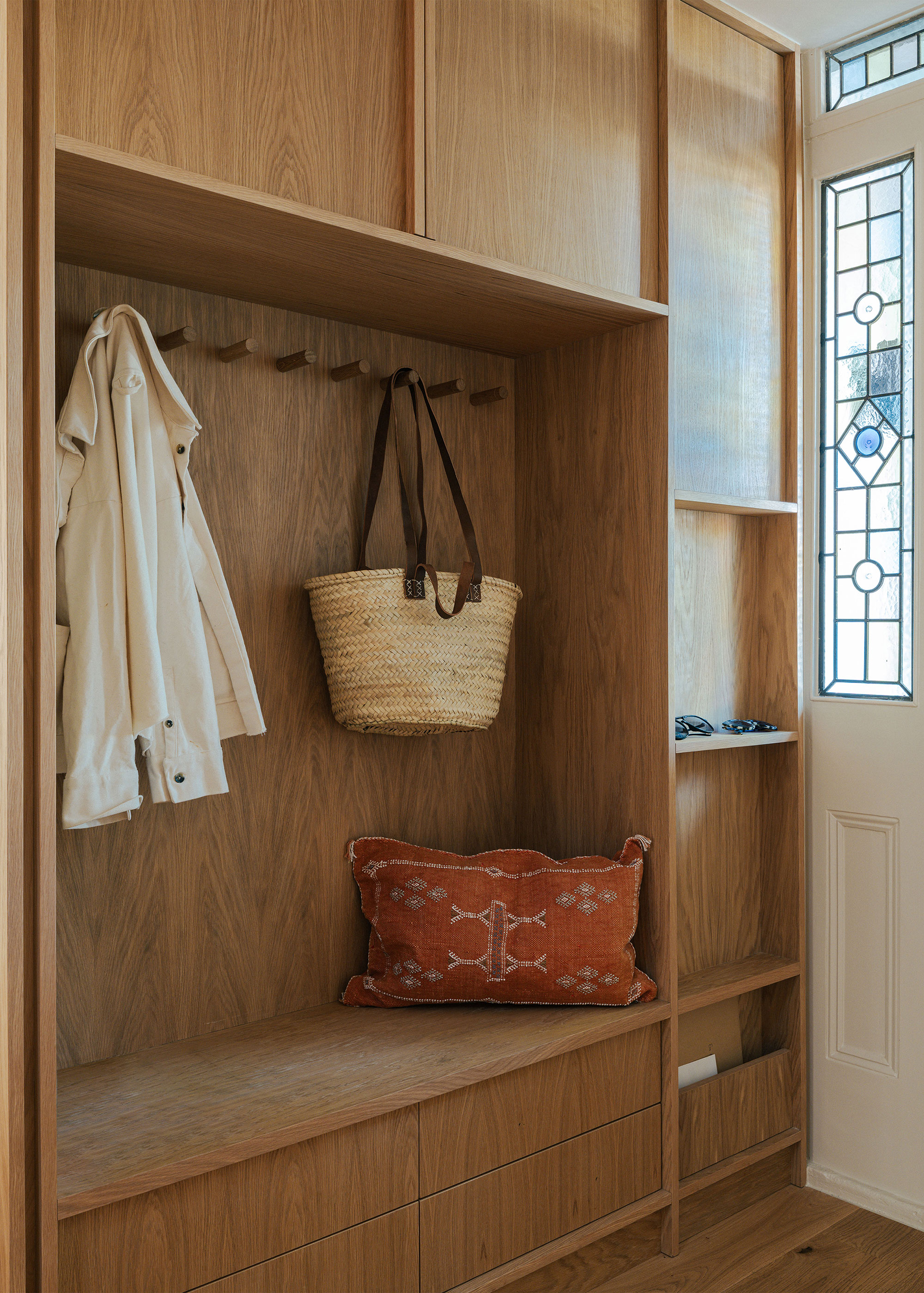 wooden built-in hallway storage