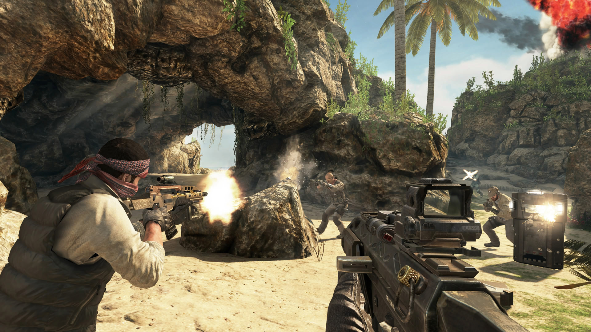 Shooting through a beach with allies in Call of Duty Black Ops 2, from Edge 353