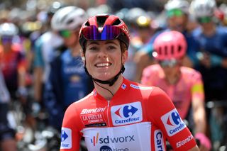 TARAZONA SPAIN MAY 03 Demi Vollering of The Netherlands and Team SD Worx Protime Red Leader Jersey prior to the 10th La Vuelta Femenina 2024 Stage 6 a 1321km stage from Tarazona to La Laguna Negra Vineuesa 1722m UCIWT on May 03 2024 in Tarazona Spain Photo by Alex BroadwayGetty Images