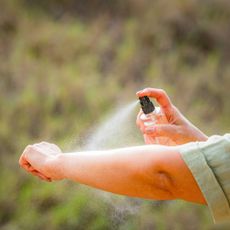 Woman applying mosquito repellent spray