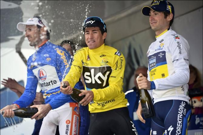 Volta ao Algarve jersey holders after stage 3 (L-R): Hugo Sabido, sprint leader; Sergio Henao, overall leader; Manuele Boaro, mountains leader